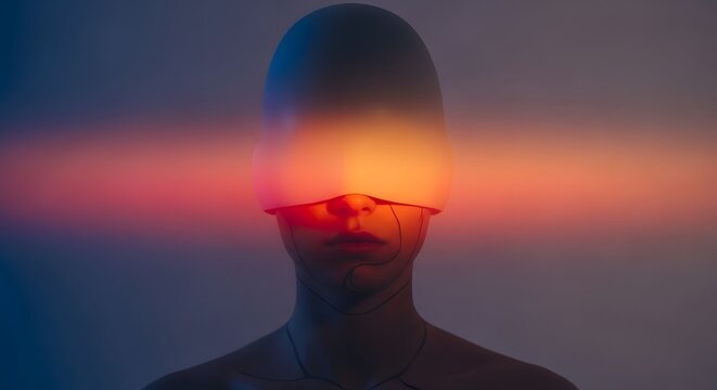 Cybernetic person wearing a glowing visor and neck markings. Transhumanism and augmented reality. Character with illuminated headpiece and digital tattoos