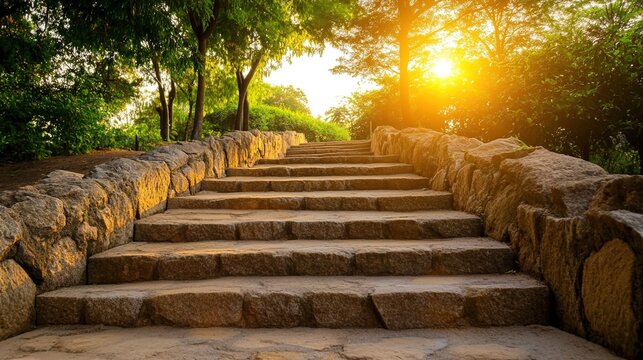 stonework. Stone staircase bathed in warm sunlight, evoking a serene and inviting atmosphere. real-estate listings.