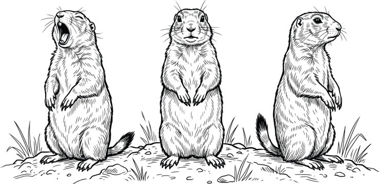 Prairie dog sketch set with standing rodents detailed wildlife hand drawn engraving animal illustration collection