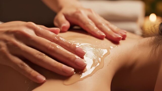 Professional massage therapist spreading virgin oil on back