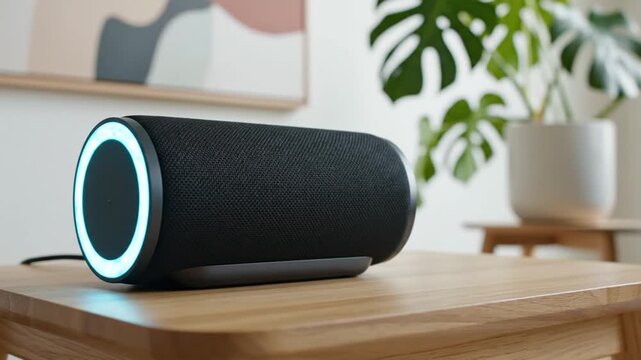 A black smart speaker with a glowing light ring on a wooden table in a modern room.