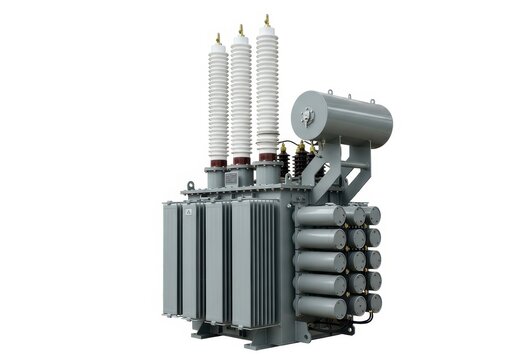 Industrial power transformer with electrical components on gray background