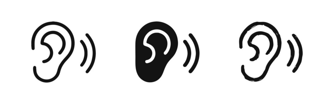 Human ear icon set representing hearing and listening with sound waves