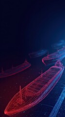 Obraz premium Futuristic digital blueprint of cargo ships, illuminated by vibrant neon lights. ..Created with Generative AI, not depicting real subjects.
