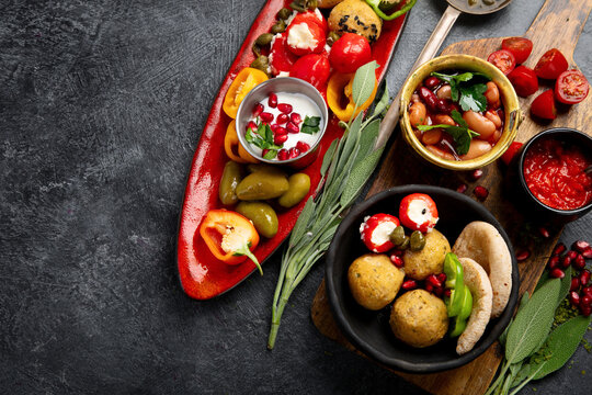 Assorted Arabic meze and appetizers.