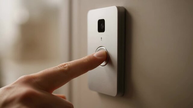 Close Up Of A Hand Reaching Out To Press A Modern Silver Smart Doorbell With A Built In Camera And A Round Button Mounted On A Light Colored Wall With A Blurred Background