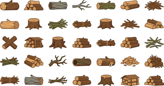 Firewood bundle and wood log icons collection featuring timber branches stumps and lumber elements
