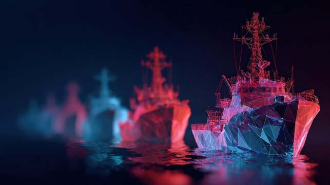 Abstract naval fleet glides with illuminated lines of vibrant colors at dusk or dawn, reflecting on the sea. ..Created with Generative AI, not depicting real subjects.