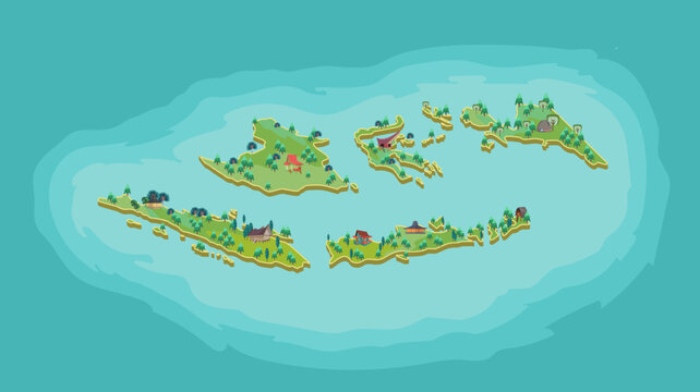 Indonesia Map Illustration Cartoon Style with Islands and Nature Elements