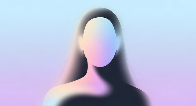 Blurred iridescent female avatar portrait. Digital identity and meta universe concept. Soft focus woman silhouette with rainbow gradient light effects for modern technology branding