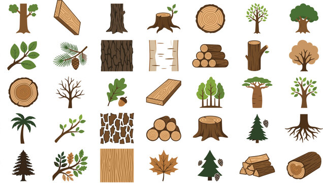 Various trees and wood elements in a flat design style on white background