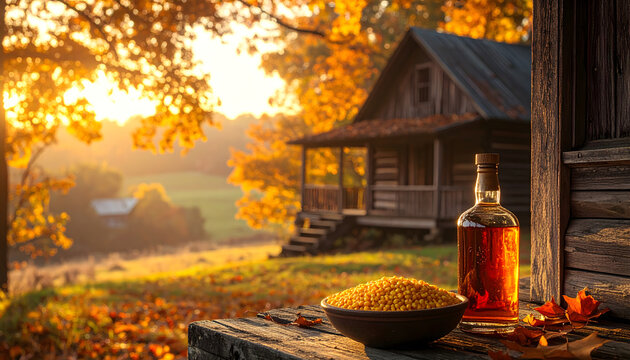 Kentucky bourbon bottle on a porch with corn kernels and a rustic rickhouse surrounded by autumn maples at golden hour generative AI