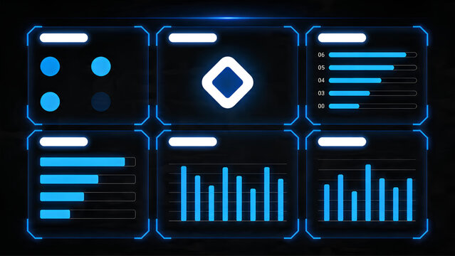 Dynamic digital dashboard displaying abstract data visualizations and futuristic user interface elements for advanced analytics