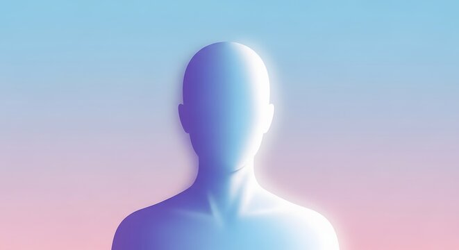 Minimalist human bust with bright glowing light. Enlightenment and artificial intelligence concept. Clean 3D render of a genderless figure with a radiant aura on pastel background.