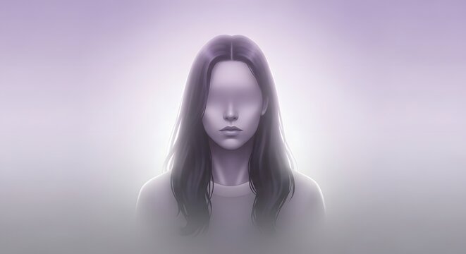 Ethereal portrait of a woman with a faded face. Memory loss and mental health concept. Dreamy illustration of a long haired female figure surrounded by a soft purple mist.