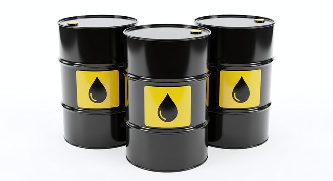 Three black oil barrels with yellow drop icons isolated on white background