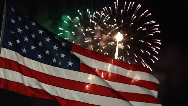 American flag waving with fireworks in the night sky