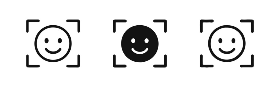 Face recognition biometric scanning icon with smiley face and focus frame