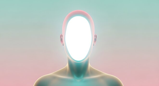 Radiant glowing white face on a soft pastel background. Spiritual enlightenment and mental health concept. Abstract human silhouette with a brilliant bright light filling the facial area.