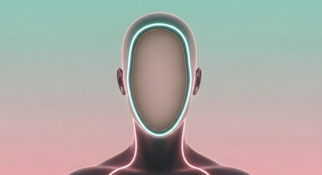 Humanoid figure with a glowing teal facial frame and pink backlighting. Advanced technology and virtual assistants. Silhouette of a robot head with neon energy lines in a studio setting.