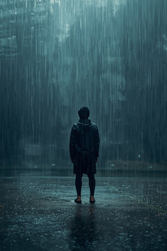 A solitary person stands in heavy rain under stormy sky enso climate states of mood reflected on wet pavement evoking solitude and resilience