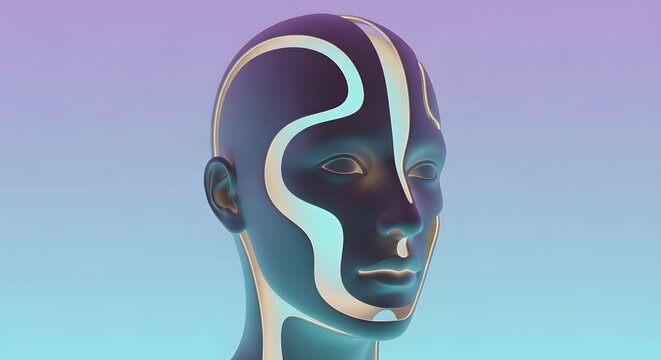 Futuristic humanoid with golden neon face accents. Human enhancement and bionic technology concept. Close up profile of a dark head with luminous liquid gold patterns