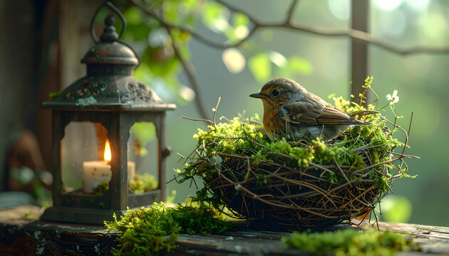 Birds nest made of twigs and moss tucked into a decorative lantern on a shelf as natural art in outdoors generative AI