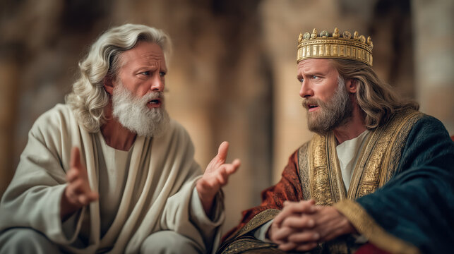 Nathan the prophet rebuking King David for his sin, biblical scene of confrontation and righteous anger, tense and dramatic atmosphere
