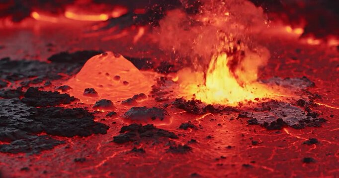 Molten Lava Bubbling and Flowing from a Volcanic Vent Eruption