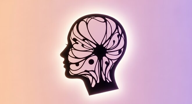 Detailed brain silhouette with intricate internal neural patterns. Genius and complex problem solving. Glowing profile of a face containing a dense web of light lines and nodes