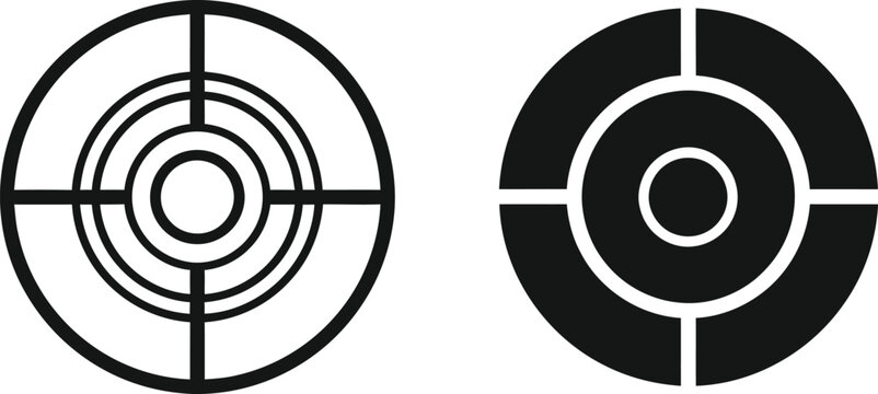 Simple black circular targets and bullseye icons set for precision aiming and strategic business goal planning