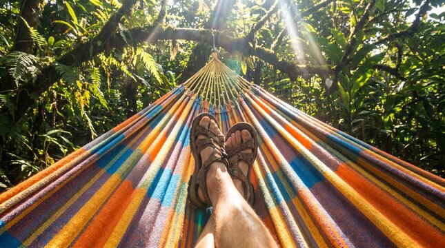 Point of view looking down at feet in a colorful hammock under a sunny forest canopy