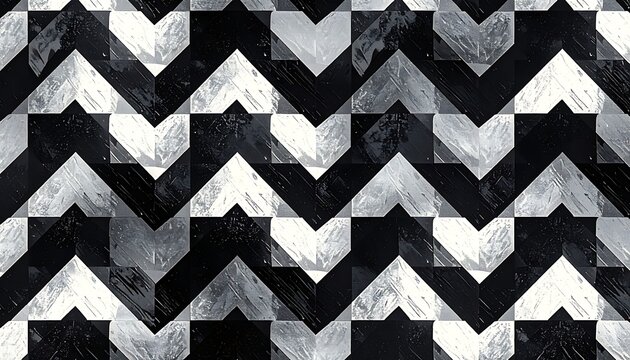 A geometric pattern of chevron shapes in black, white, and gray hues