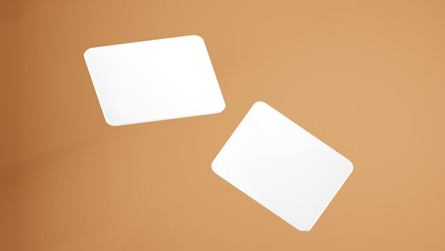 Double plain white business cards floating over Fawn background, 2 rectangular business cards with rounded corners. business card mockup