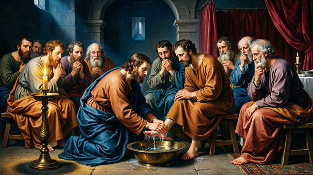 Elegant sacred art of Jesus washing His disciples&rsquo; feet in humility and grace.