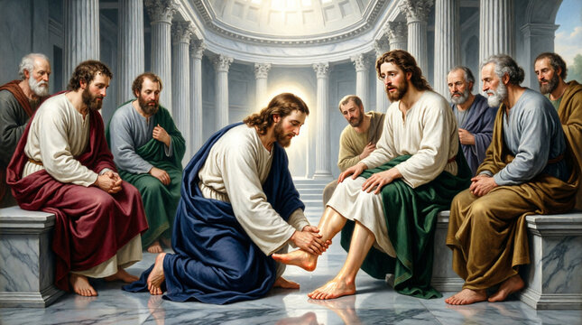 Elegant sacred art of Jesus washing His disciples&rsquo; feet in humility and grace.