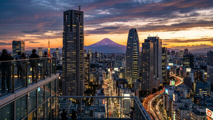 Obraz premium Tokyo skyline with Mount Fuji and Tokyo Tower, cityscape panoramic view, urban architecture, sunset, sunrise and night city lights, Japan travel landmark background