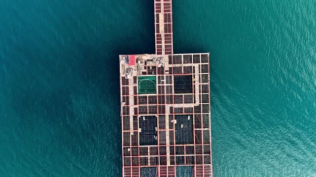 Top down detail of rectangular floating aquaculture cages with green nets and red containers in turquoise water. Close up aerial view of mussel farm floating cages.