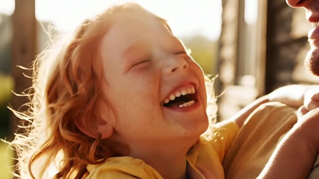 Ni&ntilde;a pelirroja con pecas riendo alegremente en brazos de su padre, luz dorada de atardecer, amor familiar y felicidad pura, perfecto para campa&ntilde;as de seguros, familia y bienestar.