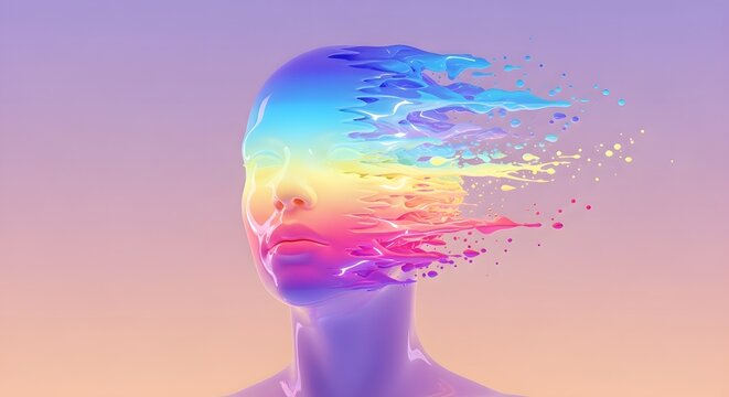 Rainbow colored human head dissolving into digital particles. Data disintegration and mind transfer. 3D holographic bust breaking apart into colorful liquid splashes and bits.
