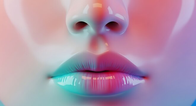 Close up of glossy iridescent human lips and nose. Beauty and sensory perception concept. Hyper realistic digital art of a face with smooth colorful texture