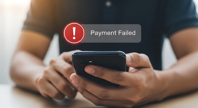 Person holding smartphone with "payment failed" notification, red alert mobile phone