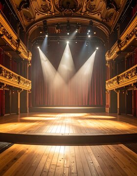 A grand, ornate theater stage with spotlights