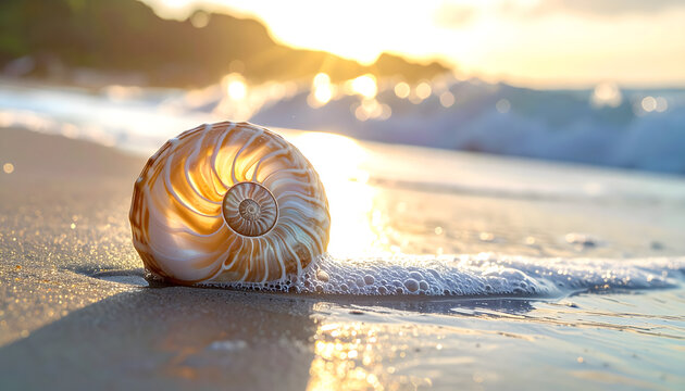 Nautilus shell on the beach high tide line with morning sun highlighting its pearlescent sheen and elegant sacred geometry patterns generative AI