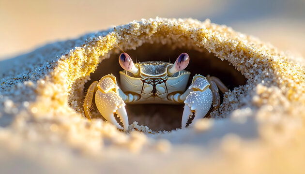 Ghost crab emerging from a hole in the sand with eyes on stalks and sand grains on its detailed shell generative AI
