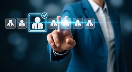 Fototapeta premium Person in blue suit selecting a candidate from a digital interface with selection hiring recruitment