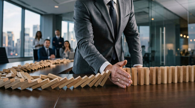Suited man stopping line of toppling wooden dominoes on boardroom table, team watching anxiously, city skyline through glass windows.