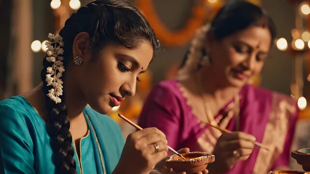Indian mother and daughter painting clay diyas for Diwali, warm traditional family bonding during festive celebration, cultural heritage and maternal love concept.