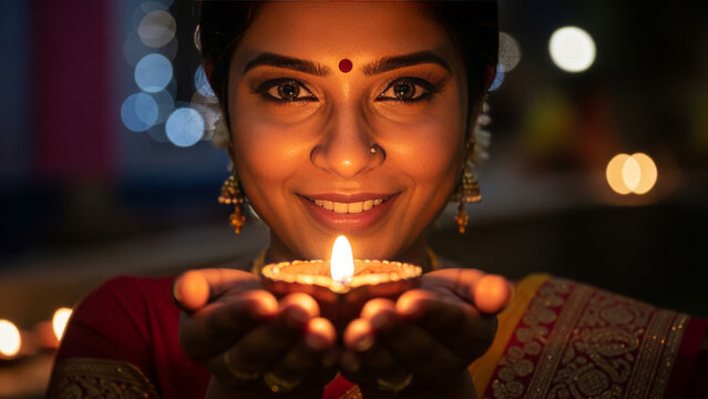 Woman holding lit diya lamp with warm smile traditional indian diwali festival celebration with bindi and jewelry