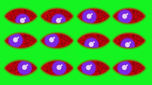 looping abstract background video with blinking scary eyes on green screen